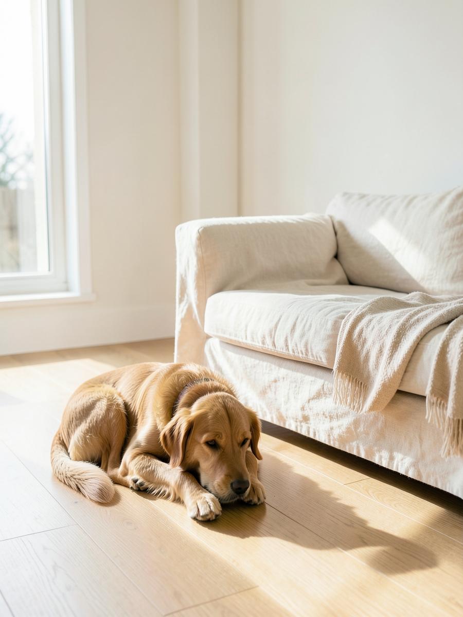 A dog resting beside a linen sofa in a bright living room