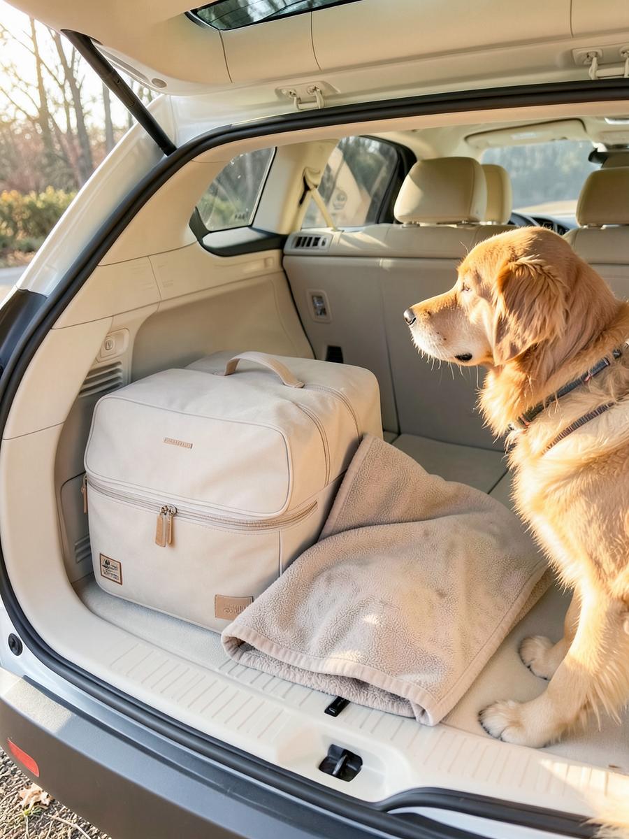 Neutral luggage and a dog blanket in a car cargo area