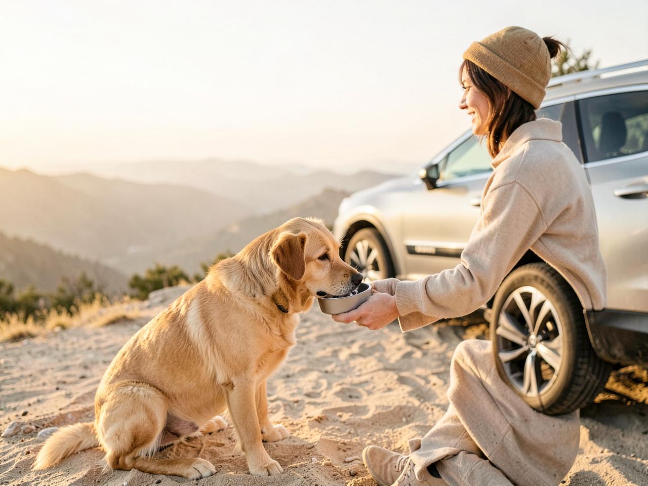 A dog drinking from a travel bowl beside a car at a scenic overlook